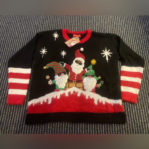 NWT Small Blizzard Bay Black Santa and His Gnomes Ugly Christmas Sweater - Picture 1 of 4